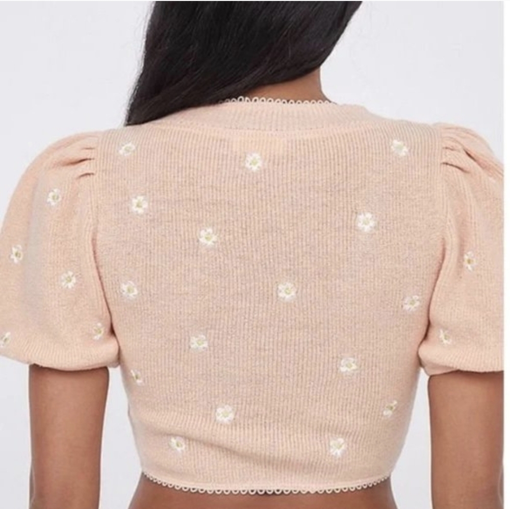 For Love & Lemons Embroidered Buds Puff Sleeve Cropped Cardigan M - Picture 12 of 15
